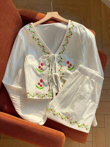Conjunto de blusa con amarre al frente y shorts con estampado de anacardo para mujer, en estilo bohemio - Blanco - Ver 6