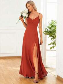 Elegante vestido de noche de unicolor y sexy, vestido de dama de honor con abertura alta y tirantes finos en azul marino, vestido formal para invitados de boda en primavera - Naranja Quemada - Ver 6