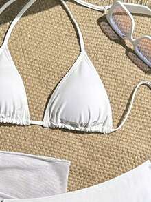 Conjunto de bikini de 3 piezas de unicolor compuesto por traje de baño con escote halter y lazada, talla grande una falda y una pieza de cobertura para el verano - Blanco - Ver 4