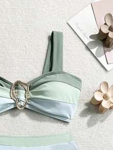 Conjunto de bikini con empalme y bloqueo de color, seductor y con Charm maduro - Verde - Ver 3