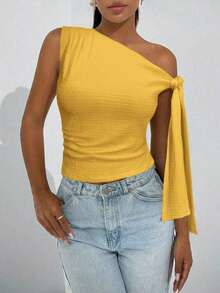 de mujer de estilo elegante y romántico para primavera, con cuello asimétrico, estilo elegante y sexy, adecuado para fiestas, vacaciones, citas románticas y vestidos de boda, con textura de punto y tirantes cruzados en los hombros, en color - Amarillo - Ver 8