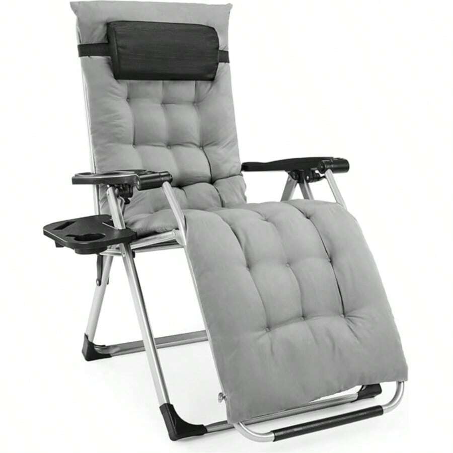 Zero Gravity Outdoor Reclining Lounge Chair With Cup Holder & Removable Cushion, Foldable Patio Camping Chair For Indoor & Outdoor Use