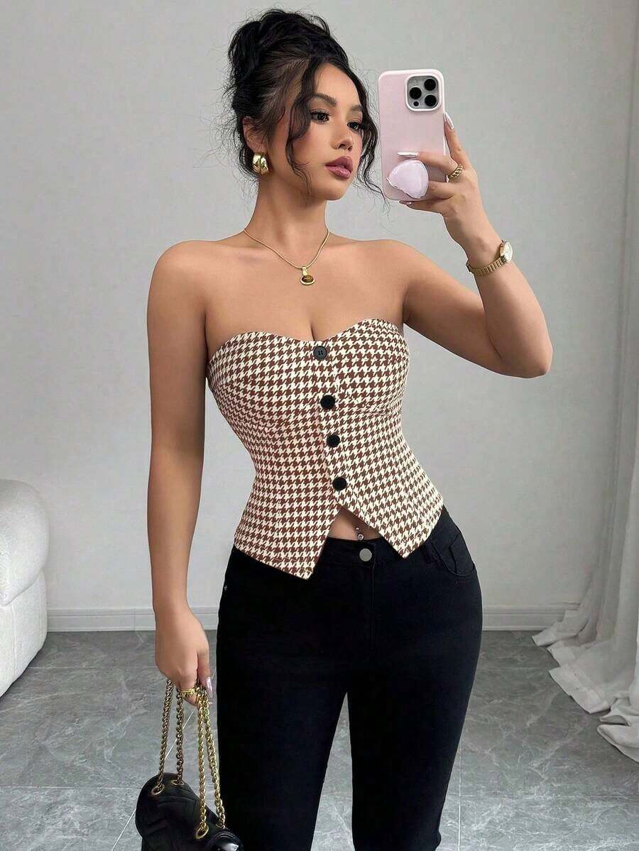 Top corto sin mangas con botones delanteros y estampado de pata de gallo, para uso en oficina o viajes, de moda para el verano - Café integral - Ver 1