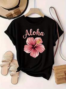 Limited Time Offer, Limited Quantities, Flash ! Women's Casual Shirts, Women's Polyester T-Shirts, Elegant Shirts. Short-Sleeve T-Shirt With Round Neck And  Western Floral Print, Women's Sweater - 黑色 - 查看 9