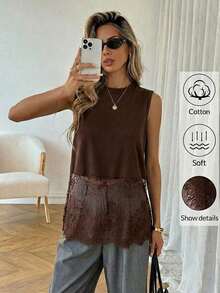 Top sin mangas de mujer con cuello redondo y dobladillo de encaje, primavera/verano - Marrón - Ver 1