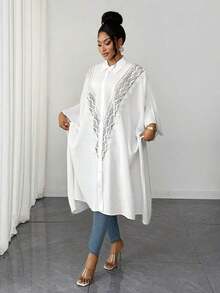 Blusa de manga de murciélago con parches de encaje de unicolor casual/de oficina talla grande - Blanco - Ver 4