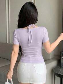 Camiseta de manga corta ajustada casual y sexy con decoración de lazo halter para mujer - Morado - Ver 3