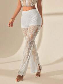 Pantalones de vacaciones de cintura alta de encaje y punto campana para mujer - Blanco - Ver 8