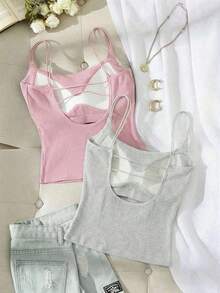 2 piezas Conjunto de camisola sin espalda ajustada para mujer, Camisola sin espalda de verano para mujer, Adecuado para el transporte diario, citas, fiestas, otoño/invierno/verano, Navidad, Año Nuevo, Acción de Gracias, fiestas, bodas, playa, ceremonias de graduación, de moda, elegante, casual, salidas, citas, reservas, transporte, brillante, Día de San Valentín, elegante, vacaciones, casual, Y2K, salidas, ceremonias de graduación y otras ocasiones. - Negro 3 - Ver 9