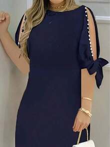 Vestido de mujer con estampado floral, mangas abiertas y adornos de perlas, adecuado para vacaciones, uso casual, diario y diversas reuniones elegantes de verano - Azul - Ver 4
