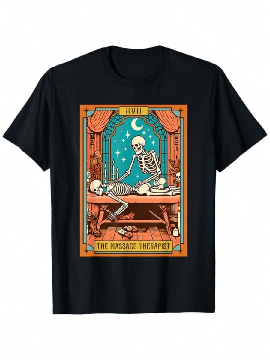 Camiseta Divertida de Masajista Esqueleto con Carta del Tarot - Algodón Suave, Adecuada para Todas las Temporadas, Regalo Perfecto - Negro - Ver 1