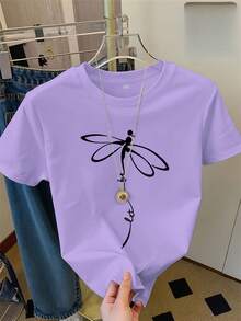 Monochromatic Ode To The Elegance Of Nature, Standard Size, Women's Casual Home T-Shirt, Printed, Round Neck, Sheer Short Sleeve - 白色 - 查看 3