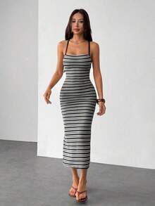 Vestido casual de vacaciones con tirantes finos para mujer - Blanco y Negro - Ver 5