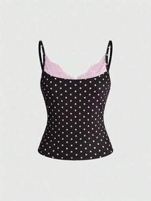 Camiseta de mujer con cuello en U, con detalles de encaje y estampado de lunares modernos - Marrón - Ver 1