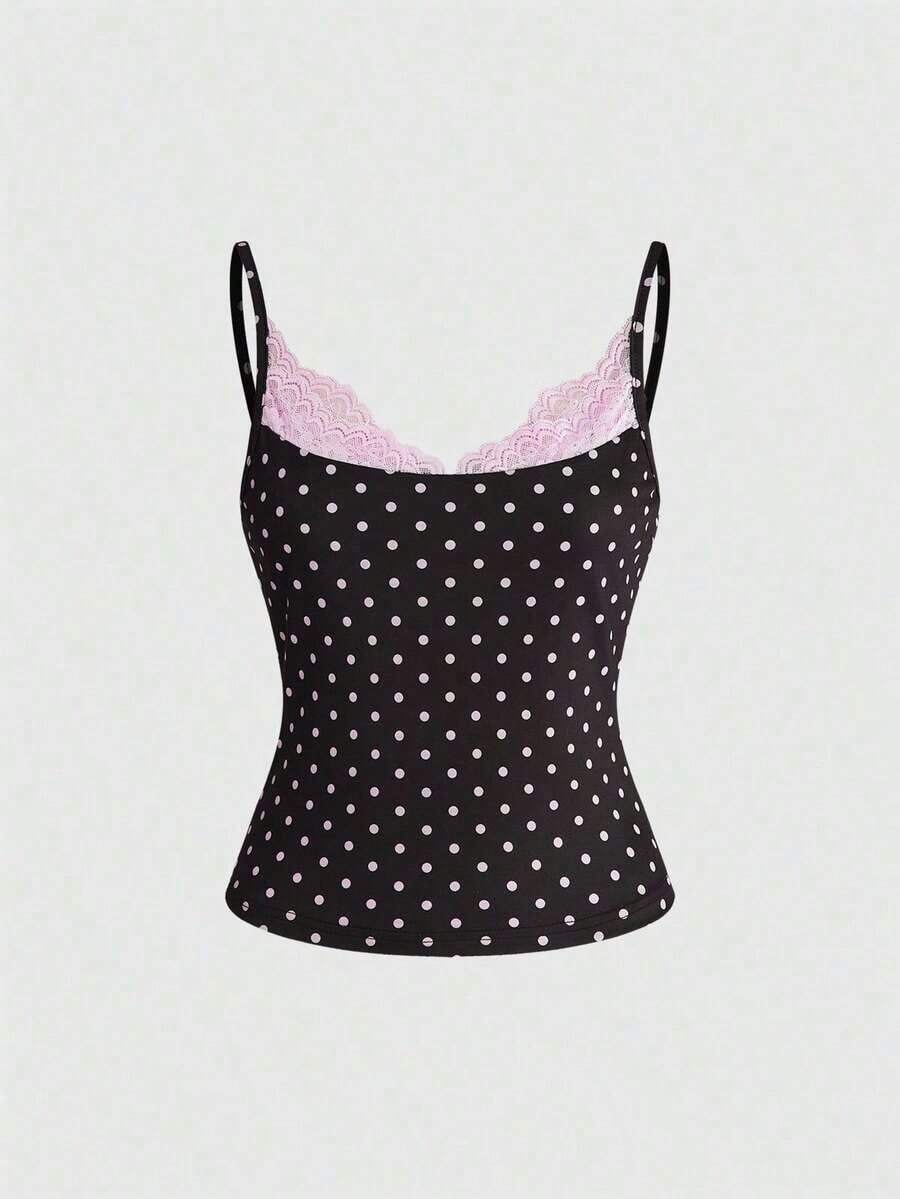 Camiseta de mujer con cuello en U, con detalles de encaje y estampado de lunares modernos - Marrón - Ver 1