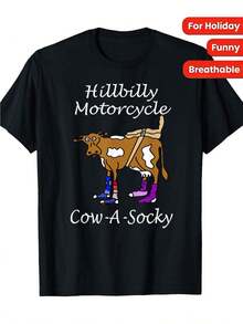 Exclusivo para amantes del humor campestre: Camiseta con estampado de vaca estilo motociclista hillbilly, divertida camiseta casual de manga corta con estampado de vaquero. - Negro - Ver 6