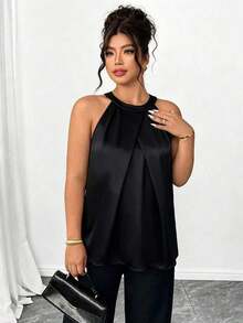 Camiseta sin mangas con pliegues 3D elegante para mujer de talla grande, versátil para fiesta, té de la tarde, ir al trabajo, color caqui - Negro - Ver 3
