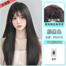 Peluca de cabeza completa para mujer, cabello realista, flequillo natural con raya en medio, peluca de cabello largo y ondulado, peluca de cabeza completa. - Estilo de flequillo - cabello liso [castaño oscuro] + redecilla para el cabello - Ver 3