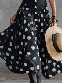 Sleeveless Chiffon Maxi Dress With V-Neck, Polka Dot Print, Buttons And A-Line Cut For Women, Casual Bohemian Style, With Flared Hem. - 黑色 - 查看 3