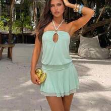 Women's Spring/Summer Metal Decor Double-Layer Hem Backless Mini Dress,Summer Dresses For Women - Azul menta - Ver 9