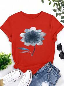 Camiseta Artística con Diseño Floral Translúcido y Estilizado, Pétalos en Degradado Azul y Blanco sobre Fondo Negro, Algodón Suave, Cuello Redondo Casual, Cómoda y Versátil, Estilo Deportivo, Diseño Etéreo de Ensueño para Mujer - Rojo - Ver 8