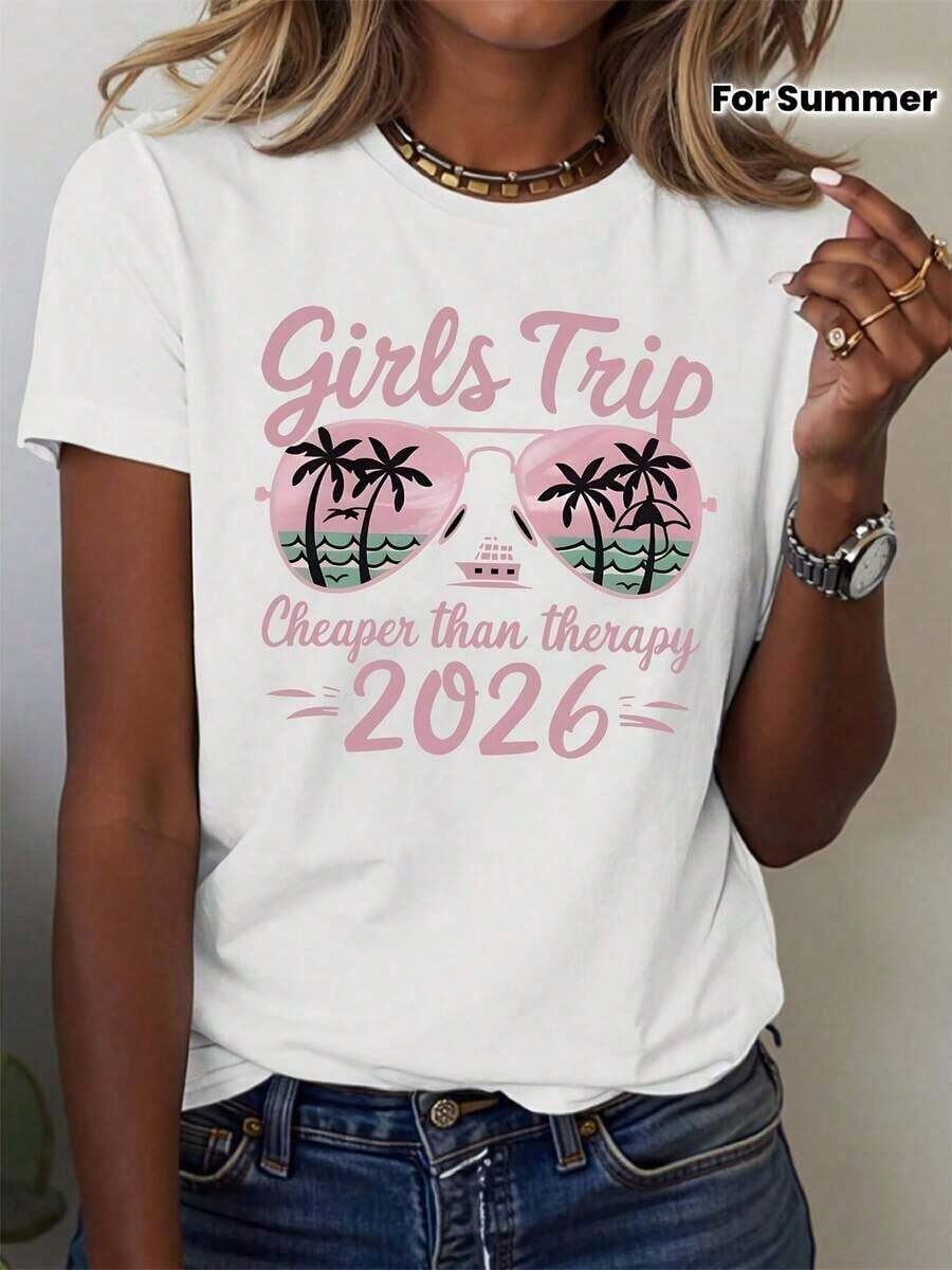 Camiseta de algodón 100% para mujer, estilo casual, con estampado creativo de Navidad 2026, corte ajustado.| Cuello redondo elegante, manga corta, tela suave, versátil para primavera, verano, otoño, ideal para regalar. - Blanco - Ver 1