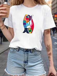 100% Cotton, Plus Size, Women's T-Shirt With Fish Graphic Print, Short Sleeve, Round Neck, Casual Top For Summer And Spring, Women's Clothing. - 白色 - 查看 7