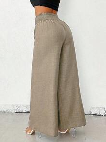 Women's Casual Wide-Leg Linen Pants With Metal Chain Detail, Autumn Style - 摩卡棕 - 查看 4
