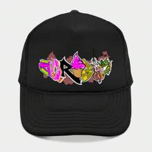 This Black Trucker Hat Features A Vibrant Graffiti Design With Colorful Elements Like An Ice Cream Cone And Fish, Adding A Playful Touch To The Classic Style. - màu đen - Xem 1