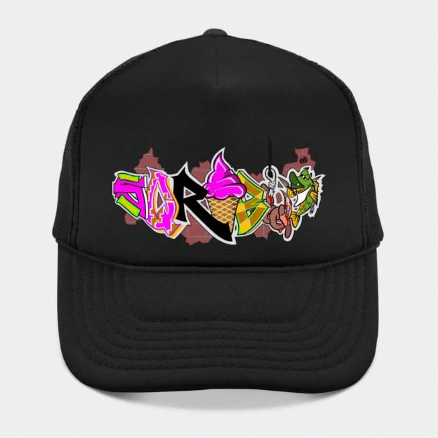 This Black Trucker Hat Features A Vibrant Graffiti Design With Colorful Elements Like An Ice Cream Cone And Fish, Adding A Playful Touch To The Classic Style. - màu đen - Xem 1