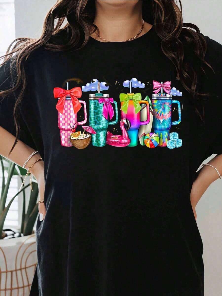 Camiseta Gráfica con Diseño de Vaso Colorido y Vibraciones de Verano para Mujer, Corte Holgado Casual, Ideal para Fiestas en la Playa, Camiseta con Estampado Divertido de Vasos - Negro - Ver 1