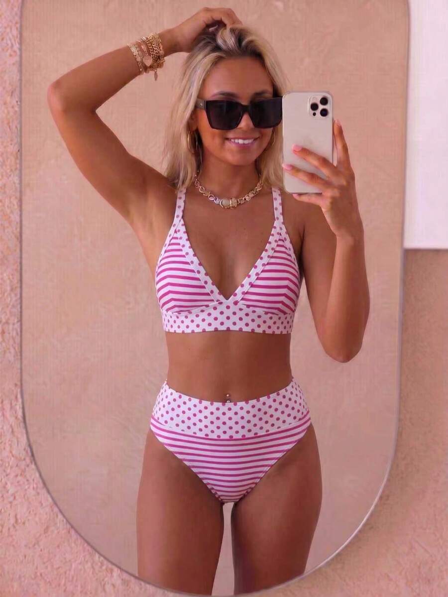 August vacation 夏季優雅女款時尚棕色波點與條紋印花綁帶設計性感比基尼兩件式泳衣 度假海灘 - 粉紅白 - 查看 1
