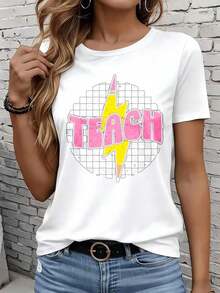 Camiseta de manga corta bicolor en blanco y negro GraphicLadies 220gTeach con estampado de rayo rosa, camiseta informal de cuello redondo para mujer, top de manga corta, camiseta de moda para profesoras, camiseta de ocio, para actividades al aire libre, vacaciones, fiestas, regalo. - Blanco - Ver 3
