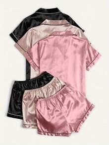 6pcs Satin Pajama Set For Women, Lapel Collar Button Front Solid Color Short Sleeve Shirt And Shorts, Soft Loungewear Sleepwear Set For Women, Suitable For Home Use - Multicolor - View 2