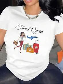 Camiseta de manga corta Travel Queen Design |   Adecuado para aventuras al aire libre, ligero y duradero, ideal para uso casual en el comedor o la sala de estar, ajuste cómodo con estampados elegantes, cuello redondo, tela de elasticidad media. - Blanco - Ver 7