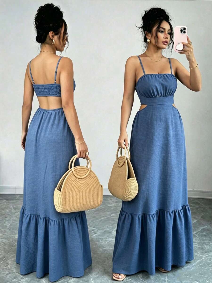 Vestido maxi casual de vacaciones sin mangas con nudo de bambú azul, bajo con volantes y tirantes finos de espagueti - Neblina azul - Ver 1