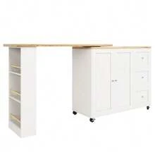 360° Rotating Bar Table (135-203 X 39 X 106 Cm) With Wheels, White, With Three Drawers. Includes Snack Rack. Multifunctional Storage Island, Ideal For Kitchen And Living Room. - 白色 - 查看 8