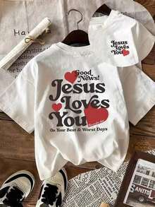 Women's Inspirational Graphic T-Shirt, Double-Sided Print With The Phrase "Jesus Loves You" And Heart, Loose Fit, Round Neck, Casual Short Sleeve For Spring Summer, Religious Print T-Shirt, Breathable Cotton Summer T-Shirt, Positive Phrase T-Shirt. - 白色 - 查看 9