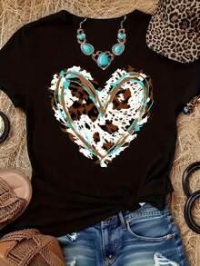 Camiseta Estampada de Moda para Mujer de Tallas Grandes, Cuello Redondo, Estilo Casual, Ligera y Transpirable, Adecuada para Primavera y Verano - Básica y Versátil - Negro - Ver 13