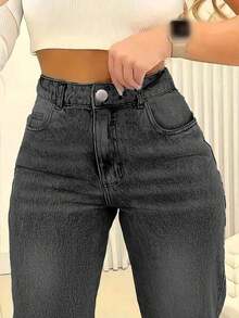Women's Loose Casual Basic Straight Leg Jeans With Pockets - Dark Grey - View 4
