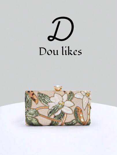 1 chiếc ví cầm tay dự tiệc đính sequin và thêu, thiết kế hoa văn sequin và thêu, túi xách thanh lịch dành cho váy sườn xám, có dây xích kim loại, thích hợp cho tiệc tùng, đám cưới, dạ hội, tiệc chiêu đãi.