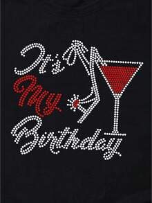 Women'S Sparkling Celebratory Cocktail Print Birthday T-Shirt - Polyester Casual Crew Neck Top With Medium Stretch - Knit Graphic Tee For Spring/Summer/Fall - Black - View 6