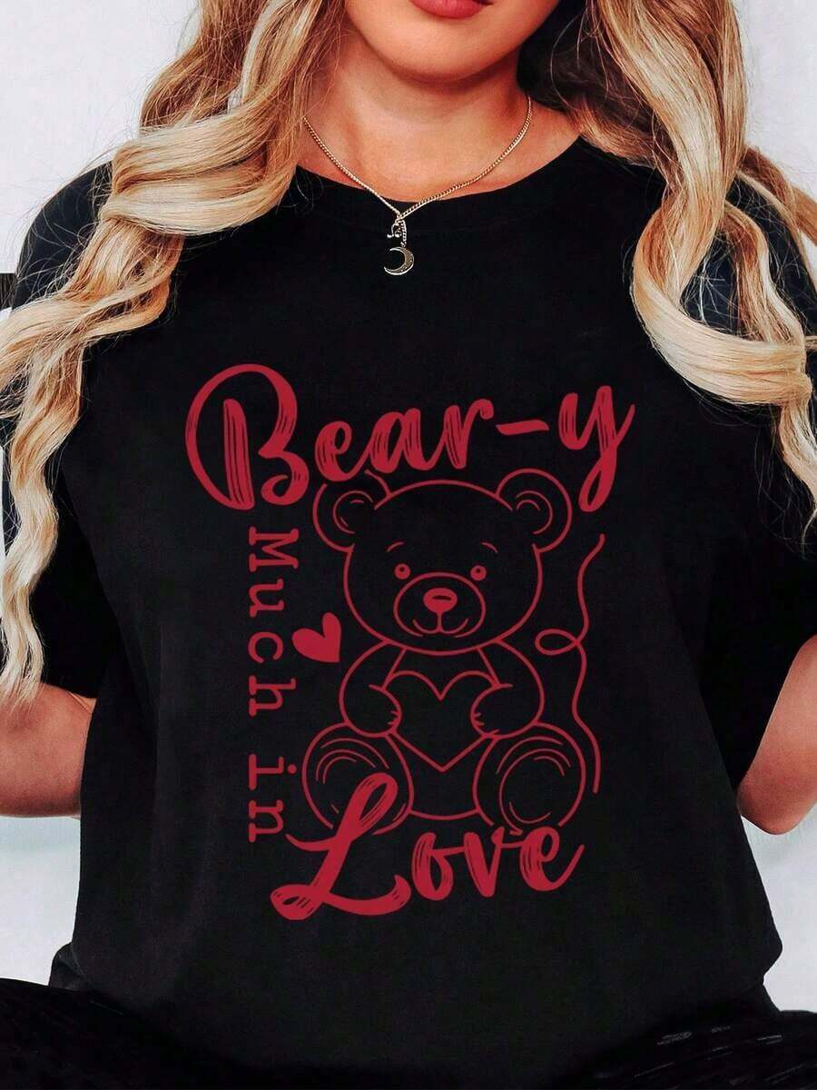 Camiseta de talla grande con estampado de oso de peluche con corazón para el Día de San Valentín y ocasiones románticas, estilo vintage urbano, unisex, de algodón, manga corta, cuello redondo, blusas para mujer. blusas.blusas casuales para dama.Impresión de osos cariñosos.Camiseta estampada Impresión de osos cariñosos. - Negro - Ver 1