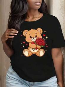 Women's Printed Crew Neck T-Shirt, Teddy Bear Holding Roses With Hearts, Party And Festival Wear - Urban Vintage Style, Unisex, Cotton, Short Sleeve, Crew Neck, Blouses For Women. Blouses. Casual Blouses For Ladies.  Print. Printed T-Shirt  Print. - 黑色 - 查看 4