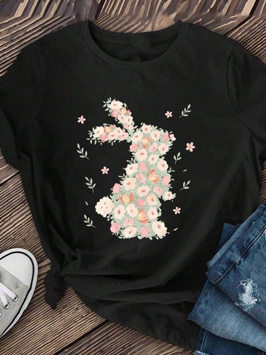 1 Piece Teddy Bear Heart Print T-Shirt For Valentine's Day, Women's Casual Short Sleeve Crew Neck T-Shirt, Cartoon Design, Unisex Vintage Style Loose Fit Cotton Short Sleeve Crew Neck T-Shirt For All Seasons, Blouses For Women. Casual Blouses For Ladies. Care Bear Print. Printed T-Shirt Care Bear Print. - 黑色 5 - 查看 1