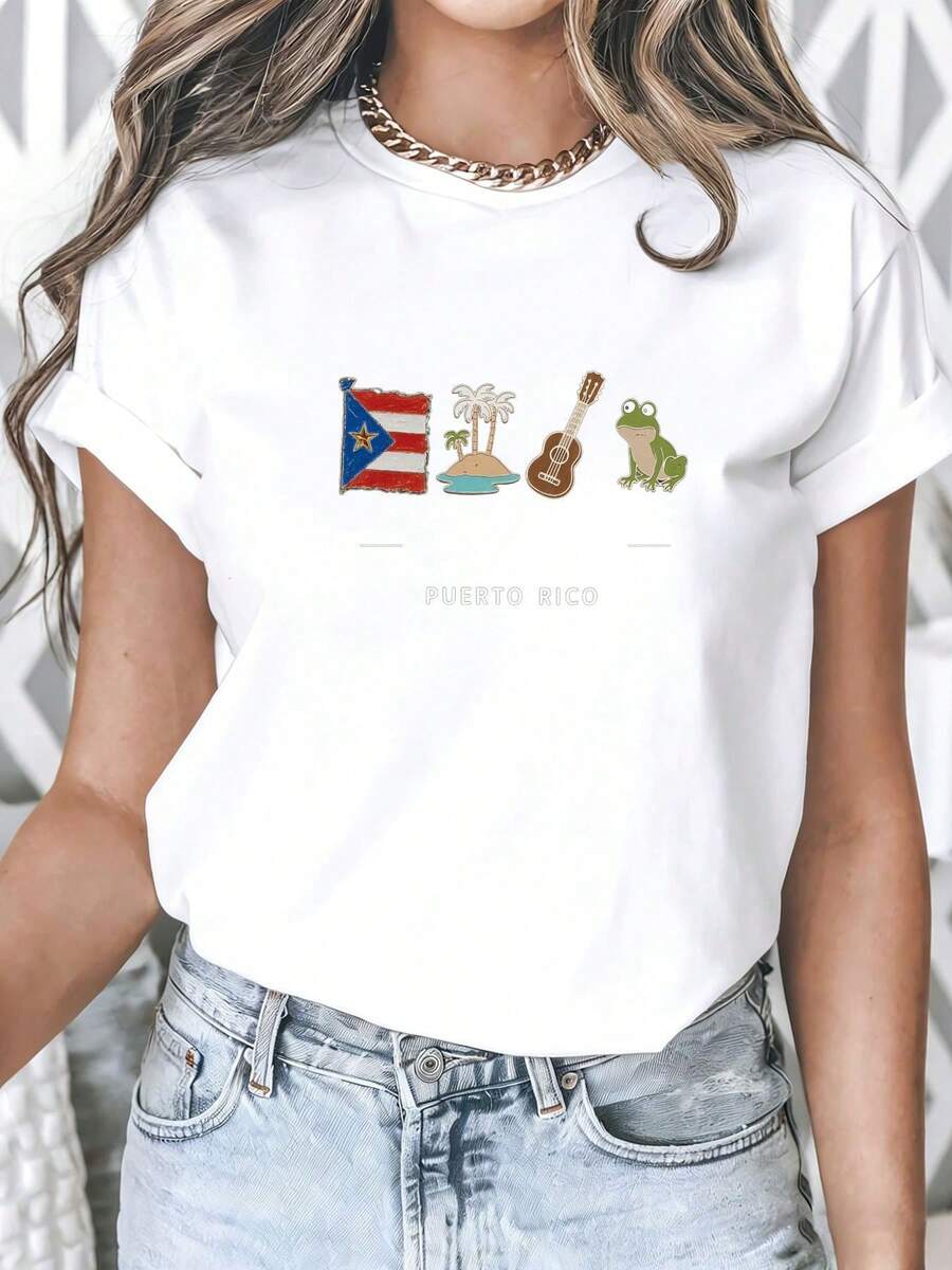 Camiseta casual de manga corta para mujer, ideal para vacaciones de verano, con estampados de la bandera de Puerto Rico, la isla, palmeras, guitarra y ranas, 100% algodón puro, tela cómoda de 220g, estilo casual unisex, adecuada para el verano y el uso diario. - Blanco - Ver 1