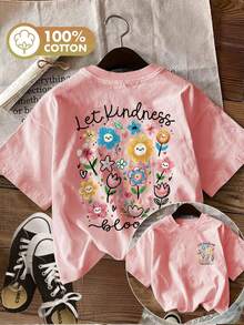 Women's Short Sleeve Summer T-Shirt, Casual Style, [Double-Sided Print], Spring/Summer Clothes, Fun Style, Floral Heart Print With The Phrase "Let Kindness Bloom", Pure Cotton, Casual Fashion, Regular Fit, Round Neck. - 白色 - 查看 9