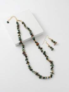 Bộ trang sức đá xanh tự nhiên phong cách Bohemian mạ vàng gồm dây chuyền và bông tai, 2 món, phụ kiện hàng ngày và dự tiệc. - Nhiều màu - Xem 2