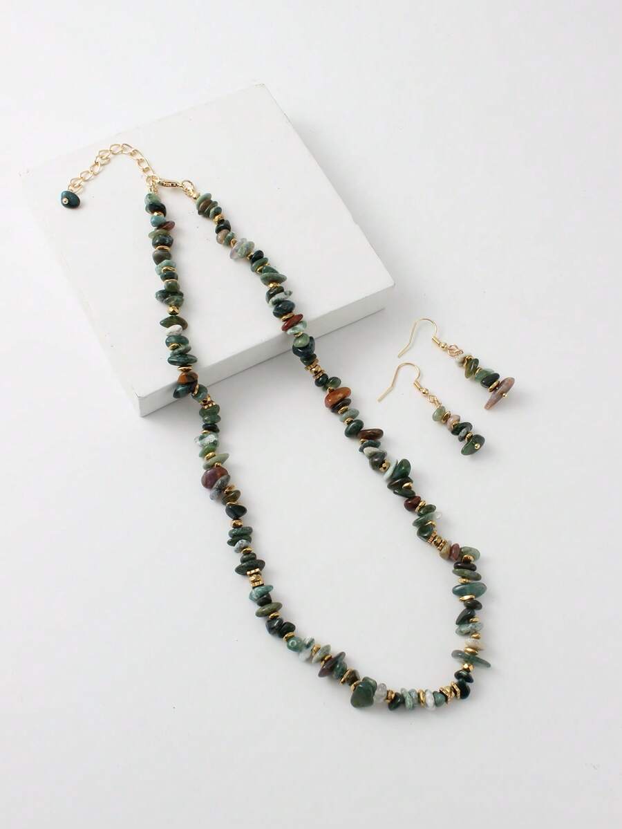 Bộ trang sức đá xanh tự nhiên phong cách Bohemian mạ vàng gồm dây chuyền và bông tai, 2 món, phụ kiện hàng ngày và dự tiệc.