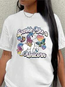 Camiseta de manga corta de poliéster, adornada con un estampado de unicornio brillante, ligera y duradera, adecuada para el hogar, la oficina o para fiestas informales, con un diseño de unicornio colorido, cómoda de llevar.blusas para mujer>ropa - Blanco - Ver 6